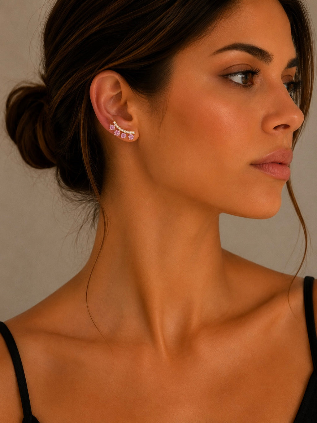 Orecchini Ear Climber Gold con Zirconi Rosa