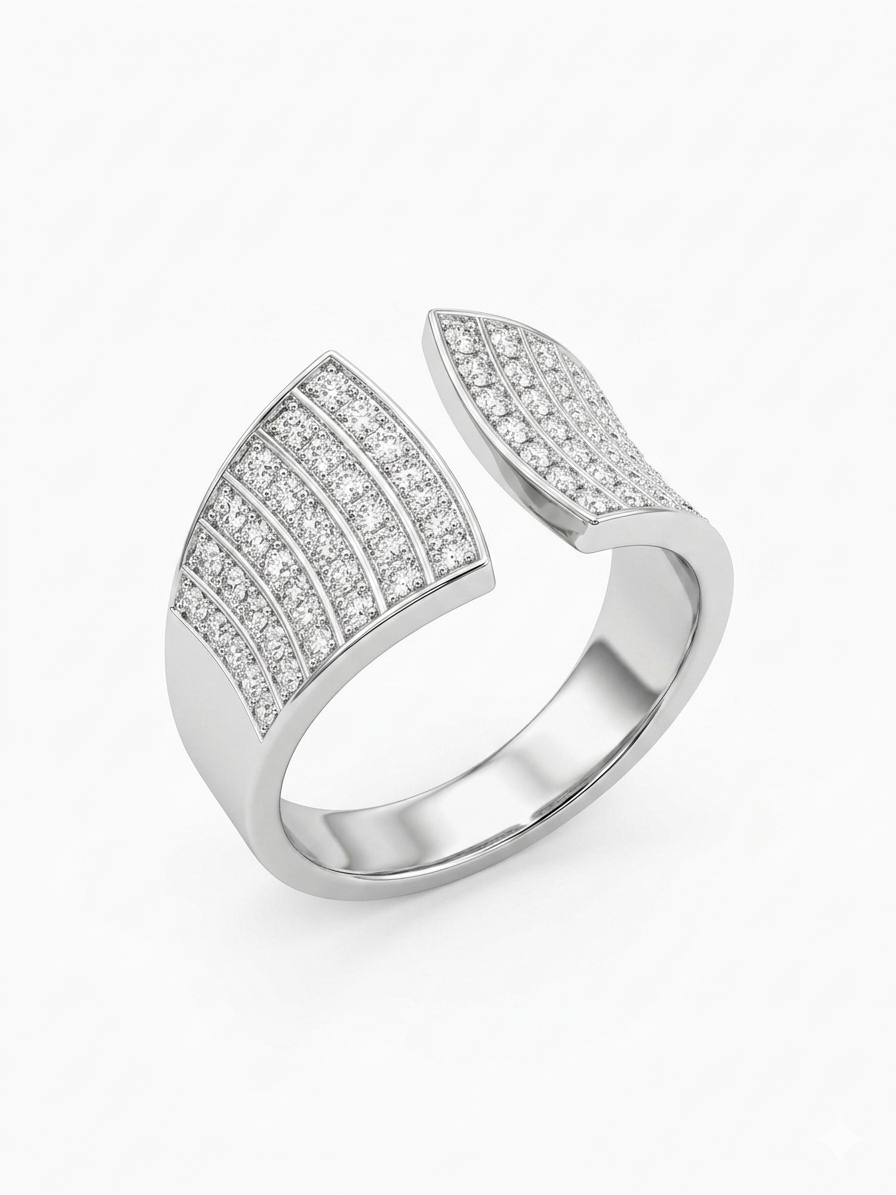 Anello a Fascia Aperta in Acciaio con Pavé di Zirconi