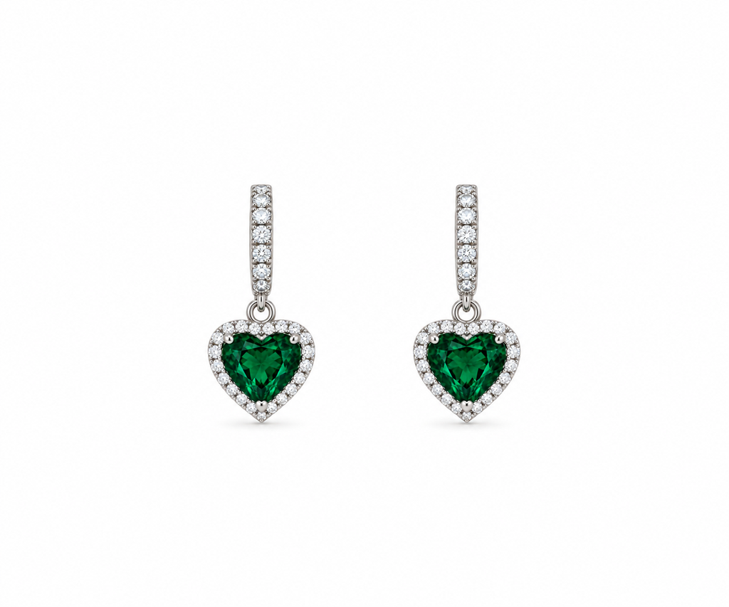 Orecchini pendenti con Ciondolo cuore Verde in Argento 925
