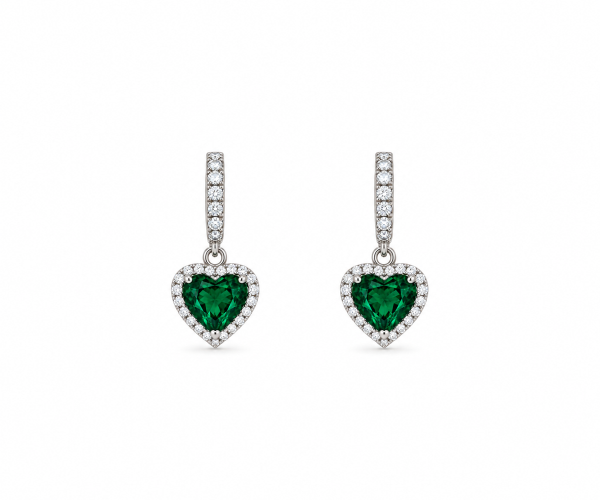 Orecchini pendenti con Ciondolo cuore Verde in Argento 925